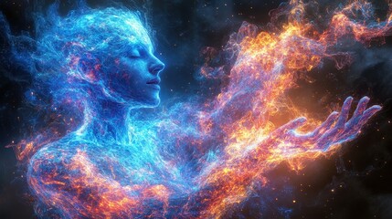 Fototapeta premium A celestial being enveloped in vibrant energy, composed of fire and ice.