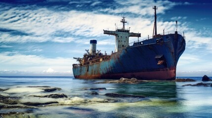 An old, rusted shipwreck sitting on a rocky shoreline with a cloudy sky in the background.
