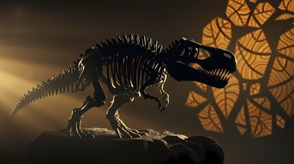 A dramatic cinematic image of a Tyrannosaurus Rex fossil with artistic lighting and abstract patterns, employing a film-like composition and lighting