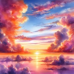 sunset over the ocean painting watercolor illustration