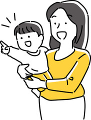 指差す子供を抱っこする女性