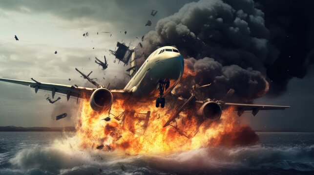A plane crashing into the ocean with flames and smoke billowing from its engine, with a pilot and co-pilot visible in the cockpit.