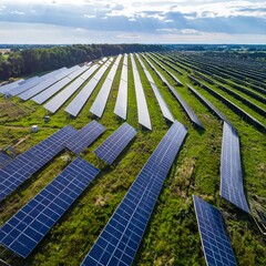 ソーラーパネルが並ぶ広大なフィールドを見下ろすドローンビュー