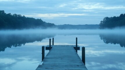 Naklejka premium Serene Misty Lake at Dawn with Wooden Pier and Calm Waters Reflecting Blue Sky and Green Trees in the Background