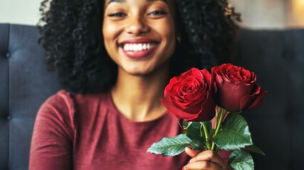 Happy woman receiving red roses in a cafe - Powered by Adobe