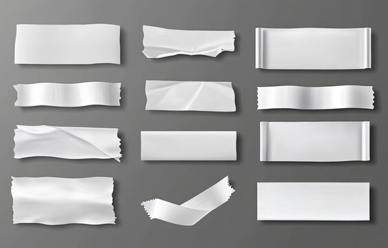 Assorted ripped white adhesive tape pieces on a gray background