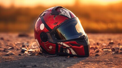 Fototapeta premium A red and black motorcycle helmet with a reflective visor, lying on a rocky surface with a blurred background of a sunset.