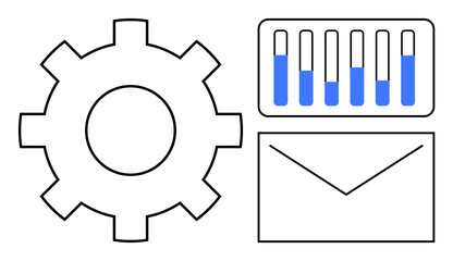 Gear symbolizing process, bar chart for analytics, envelope for communication. Ideal for workflow, strategy, business, teamwork, organization, project planning simple landing page