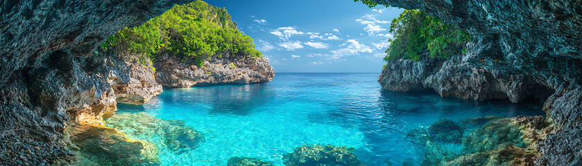 Fototapeta premium hidden blue lagoon below coastal cliffs,