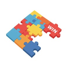Colorful Jigsaw Puzzle Pieces Forming Word Win on White Background