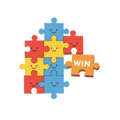 Naklejka premium Colorful Jigsaw Puzzle Pieces with Smiling Faces on White Background