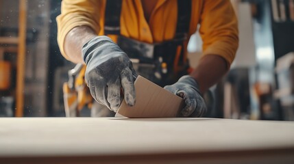 Carpenter Sanding Wood in Workshop