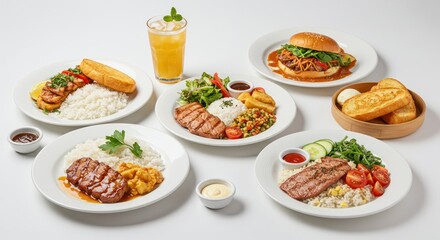 Several plates of food and a drink are arranged on a white surface.