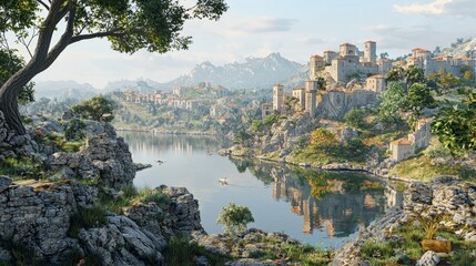 Fototapeta premium Serene Landscape with Mountain View, River Reflection, and Ancient Village Along the Banks in Bright Daylight