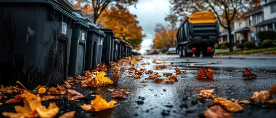 Fleecedeken met foto Street scene featuring autumn leaves, garbage bins, and a truck on a rainy day, evoking a sense of urban life and seasonal change. © TPS Studio