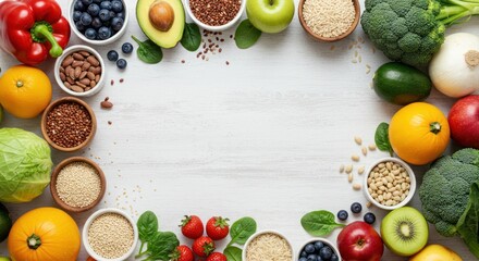 Healthy food arrangement with fruits vegetables seeds and nuts on white background.