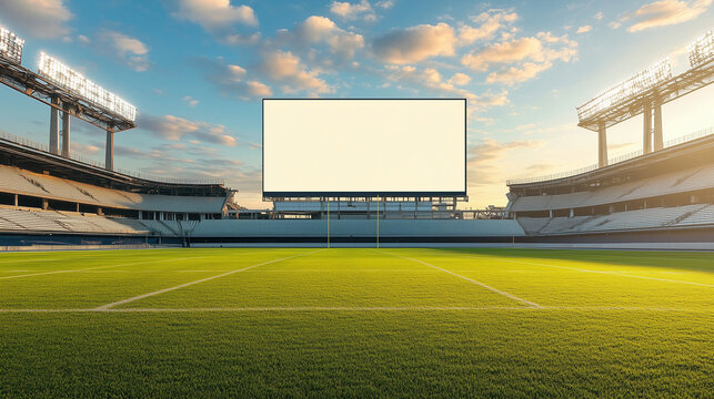 Empty Football Stadium Field with Large Blank Screen Ready for Advertisement under Bright Sunny Sky

