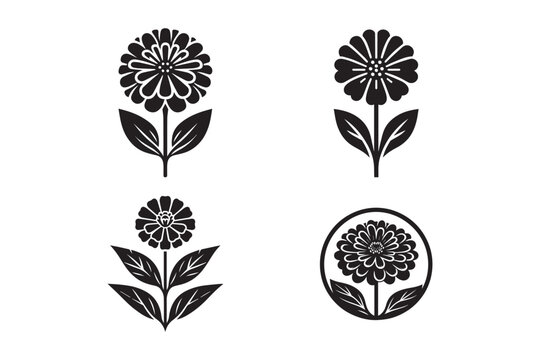 Set of zinnia flower logo icon. Zinnia flower silhouette vector.