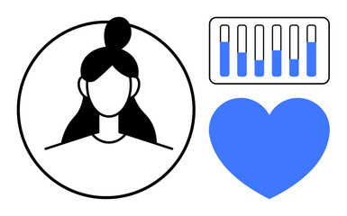 Female profile in circle with blue heart and test tubes suggesting healthcare, diagnostics, wellness, medicine, medical research, personal health tracking, simple landing page