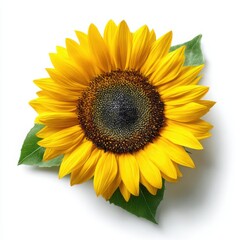 Fototapeta premium Bright sunflower with green leaves isolated on white background