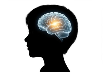 Obraz premium Silhouette of a head with a glowing brain inside the head area isolated on white background