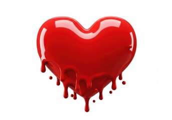 A glossy red heart with dripping paint isolated on white background