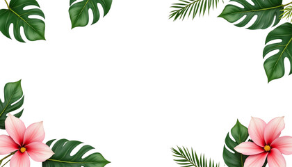 Naklejka premium Tropical leaves and flowers frame a blank space.