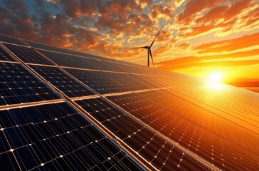 High-resolution image of solar farm and windmill turbines,