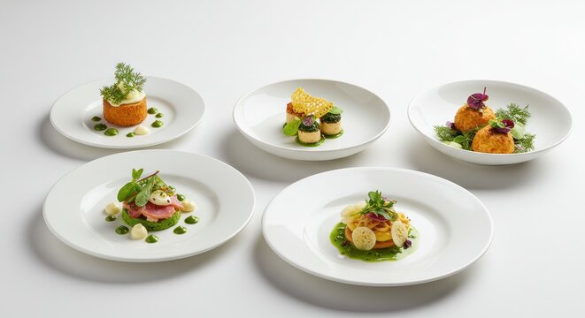 Five small plates of food artfully arranged on a white surface.