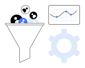 Funnel processing user profiles, analytics chart showing data trends, gear symbolizing optimization. Ideal for data management, analytics, marketing, resource allocation, workflow, efficiency flat