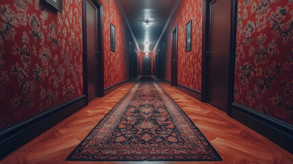 Mysterious red hallway with patterned wallpaper, dark wooden floors, and a runner rug. Perfect for suspense, thriller, or mystery themes.