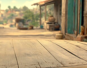 Rustic wooden tabletop against a blurred village backdrop creates ambiance