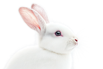Close up of a white rabbit with pink ears set against a contrasting black background
