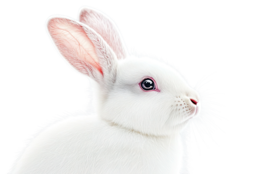 Close up of a white rabbit with pink ears set against a contrasting black background