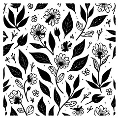Elegant botanical pattern of flowers and foliage in monochrome vector art