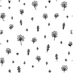 Delicate floral pattern with hand-drawn blossoms and leaves on clean background