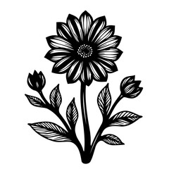 Monochrome floral illustration featuring a stylized sunflower and buds design