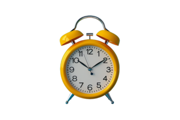 Yellow alarm clock with white face and silver accents showing the time at ten past ten