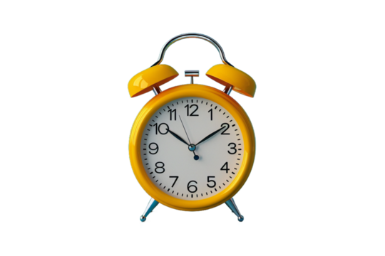 Yellow alarm clock with white face and silver accents showing the time at ten past ten