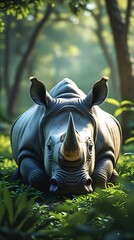 Majestic rhinoceros resting peacefully in a lush green forest with soft sunlight filtering through the trees, showcasing the beauty and strength of wildlife in its natural habitat
