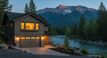 Obraz premium Luxury Mountain River House Breathtaking View Evening Twilight Home Exterior Real Estate Property Modern Architecture Design
