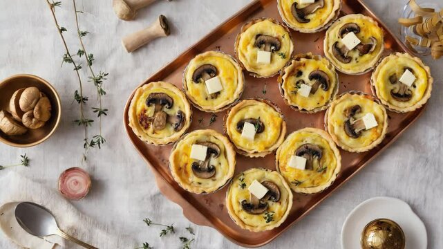 Mini quiches, bite-sized savory pastries with cheese and vegetables, placed on a platter, fresh ingredients and vibrant colors
