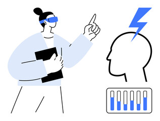 Person wearing VR glasses and holding a notebook pointing upwards, abstract head with a lightning bolt representing ideas, energy gauge. Ideal for innovation, technology, brainstorming, creativity