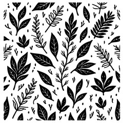 Elegant botanical pattern with various foliage illustrations in monochromatic style