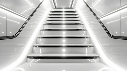 Obraz premium Modern minimalist white staircase with black accents and glowing LED lights. Perfect for futuristic, clean, and elegant design concepts.