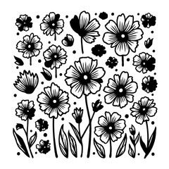 Floral arrangement with a black and white botanical theme, creating an elegant vector pattern