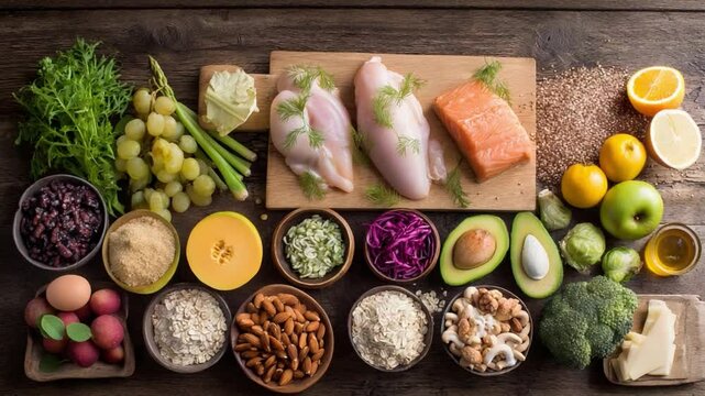 Top down view,of colorful healthy food groups on a wooden table for a balanced diet concept.

