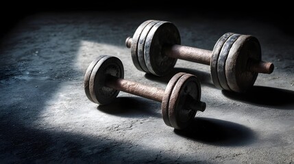 Vintage iron dumbbells on concrete, top-down view with dramatic shadows. Strength and resilience in simplicity.