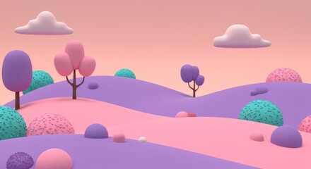 Pastel Dreamland: A whimsical 3D landscape of soft hills, playful trees, and fluffy clouds