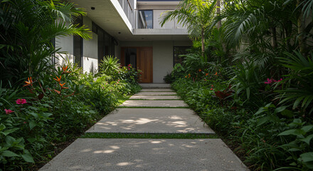Fototapeta premium Serene Tropical Pathway Lush Greenery Modern Architecture and Tranquil Garden Design for Home and Lifestyle Imagery
